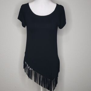 Karen Kane Womens Black Asymmetrical Fringe Hem Stretchy Top Size XS Petite Boho